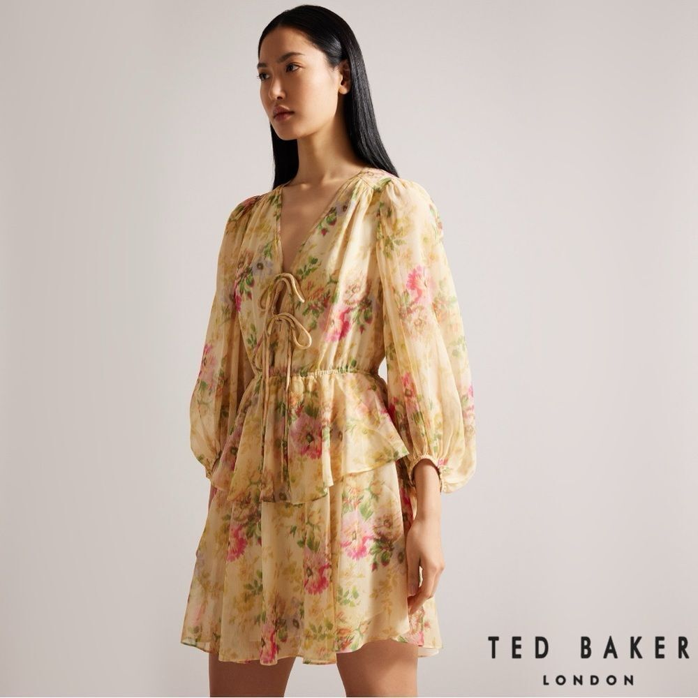 Ted Baker **NWT** Tamziiy Floral Print Tie Front Mini Dress, Tan
